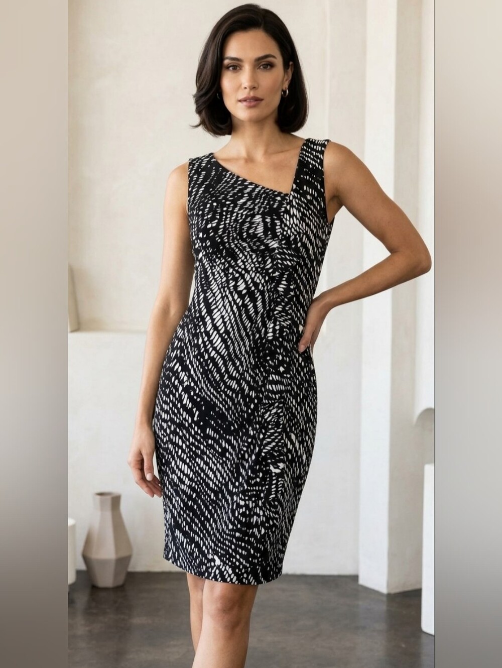 Enfocus Studio One-Shoulder Black and White Printed Sheath Dress